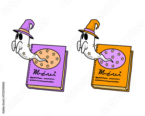 Happy Halloween illustration of a cute ghost peeking out of a magic spell book with stars on it in two color variations, purple and orange