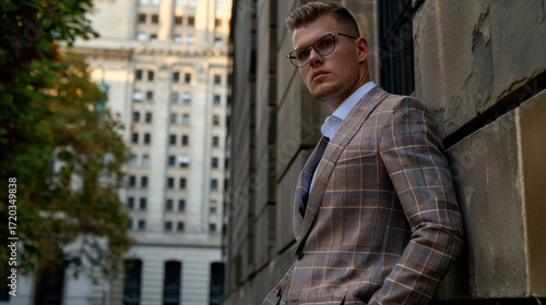 Wallpaper Mural A young professional in a chic checked suit and glasses stands against a historical urban backdrop, merging classic style with modern sophistication in a fashionable portrait. Torontodigital.ca