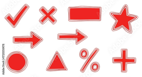 A collection of red icons with various symbols for design elements. These graphic assets are perfect for conveying messages, and directions. 