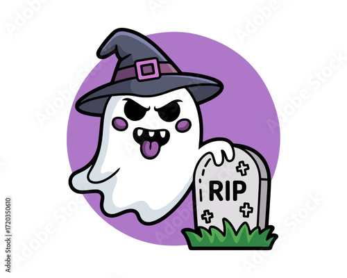 Mischievous and cute cartoon ghost in a witch hat next to a tombstone, perfect for Halloween celebrations and spooky decorations