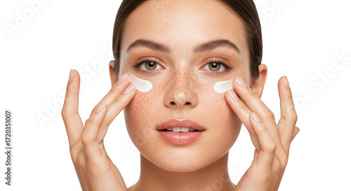 A woman with freckles applies eye cream with her fingers on a transparent background