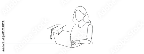 Woman with laptop computer and student cup in one continuous line drawing. Searching job for young graduate in simple linear style. Education concept in Editable stroke. Outline vector illustration