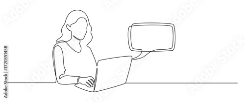 Woman with laptop computer in one continuous line drawing. Symbol of online texting and dialogue in simple linear style. Speech balloon in Editable stroke. Outline vector illustration