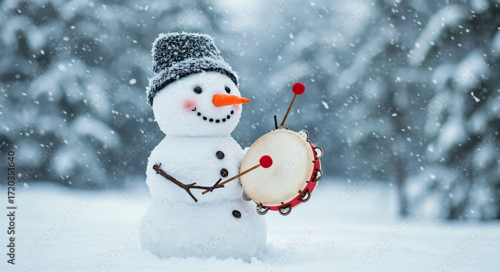 Fototapeta premium Joyful snowman plays tambourine softly in snowy winter scene. AI Generated
