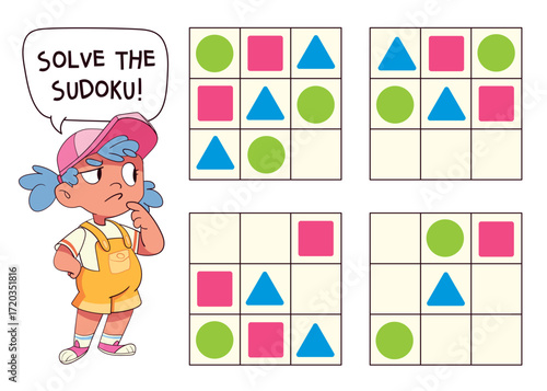 Set of picture sudoku puzzles with shapes (circle, square, triangle). Kids place each icon once per row and column. Fun printable logic worksheet with a cute girl character.