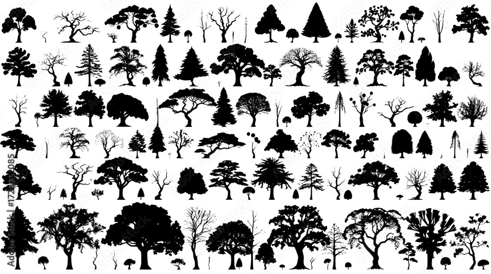 Naklejka premium Stylized inventory of trees, arranged in a dense grid with meticulous precision, showcasing a wide range of species, each tree a stark black silhouette against a clean white background, highlighting t