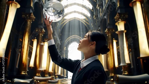 Majestic 3d animation of an asian student in a grand library holding a levitating crystal sphere of knowledge
