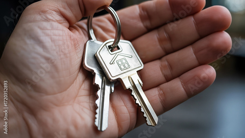 a silver house key with a metal house-shaped keychain, attached to two keys.