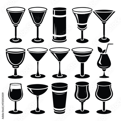 Assorted drinkware silhouettes cocktail glasses wine glasses