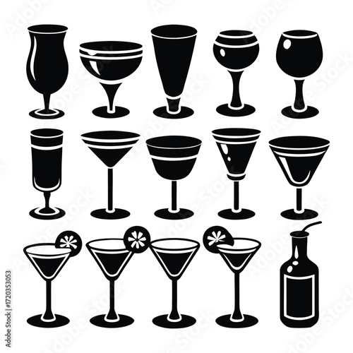 Assorted drinkware silhouettes cocktail glasses wine glasses