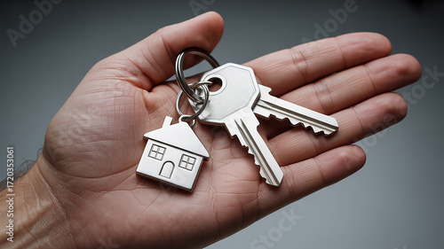 a silver house key with a metal house-shaped keychain, attached to two keys.