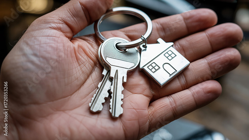 a silver house key with a metal house-shaped keychain, attached to two keys.
