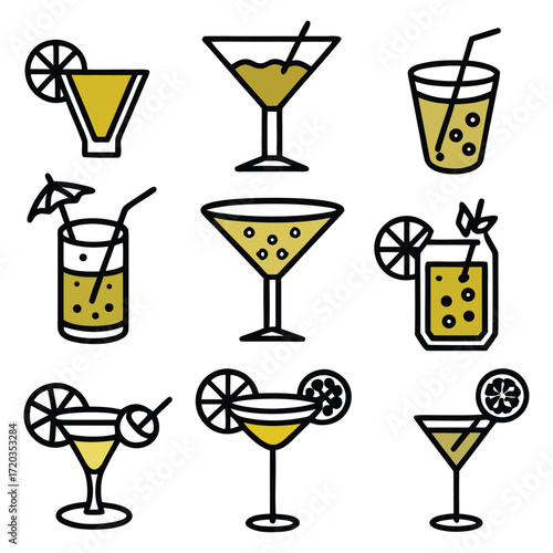 Various cocktails with fruit garnishes drink beverage