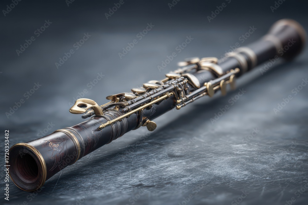 Naklejka premium A close-up shot of a vintage clarinet lying on a textured surface, capturing the details of the instrument