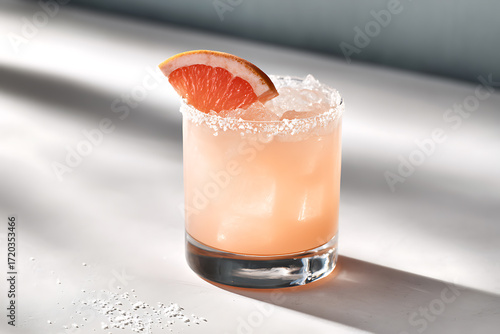 photorealistic cocktail art, photorealistic pink-hued grapefruit paloma cocktail in a stylish salt-rimmed crystal lowball glass, garnished with a grapefruit wedge on ice