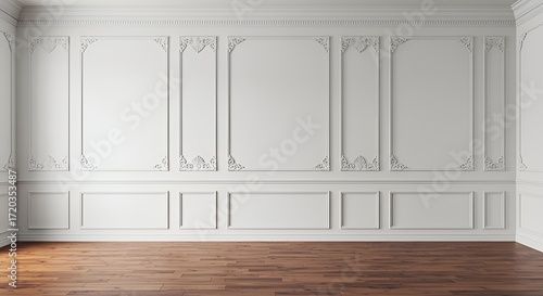 Classic luxury white empty interior with wall molding panels and wooden floor. Modern white background. 3d render