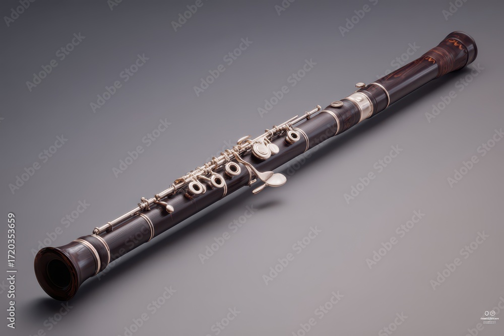 Naklejka premium An old and classic clarinet is placed on a grey surface. It is black, and silver