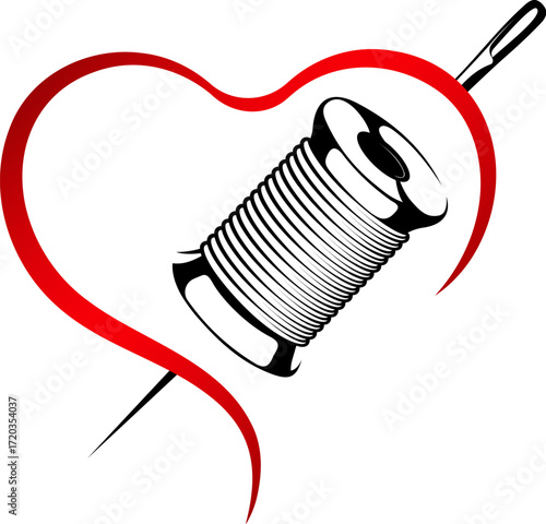 Red heart symbol, sewing needle and spool of thread