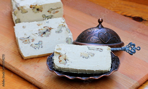 Turkish sweet dessert: sesame halva. Authentic Turkish sesame halva, a healthy and delicious dessert. Includes various fillings.