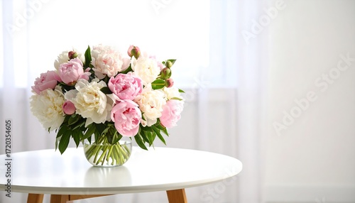 Fototapeta Naklejka Na Ścianę i Meble -  Bouquet of peonies on white table