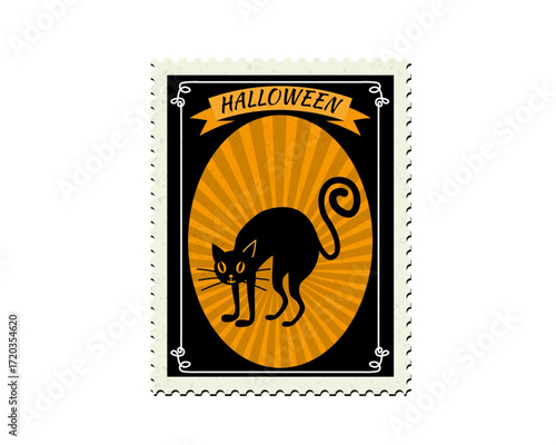 Retro Halloween stamp illustration featuring a classic spooky black cat on an eerie orange sunburst, perfect for festive designs