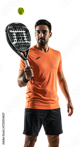 Young man playing padel holding a racket with ball in motion, wearing sportswear and wristband, isolated on white background, ideal for sports and fitness content