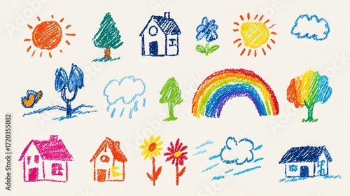 A vibrant collection of childlike drawings. Simple pencil sketches of a house, tree, rainbow, sun, clouds, and flowers. Includes bright crayon doodles