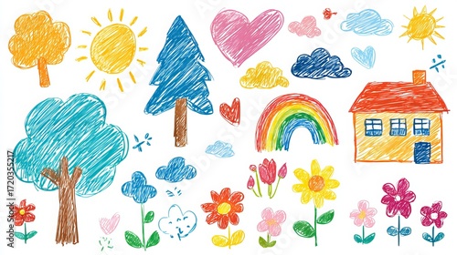 A vibrant collection of childlike drawings. Simple pencil sketches of a house, tree, rainbow, sun, clouds, and flowers. Includes bright crayon doodles