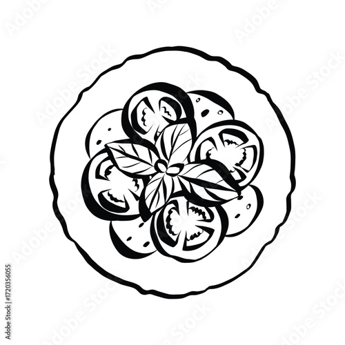 A bowl of caprese salad doodles. Outline vector illustration of italian food