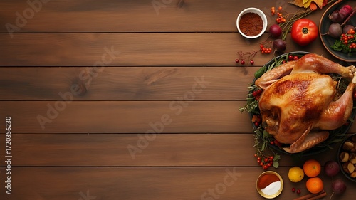Roasted turkey dinner with autumn harvest on wooden table for thanksgiving