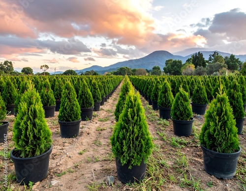 Rows of young evergreen trees in black pots
