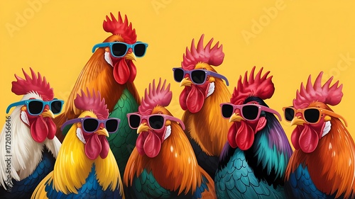 A group of cool roosters wearing sunglasses against a yellow background
