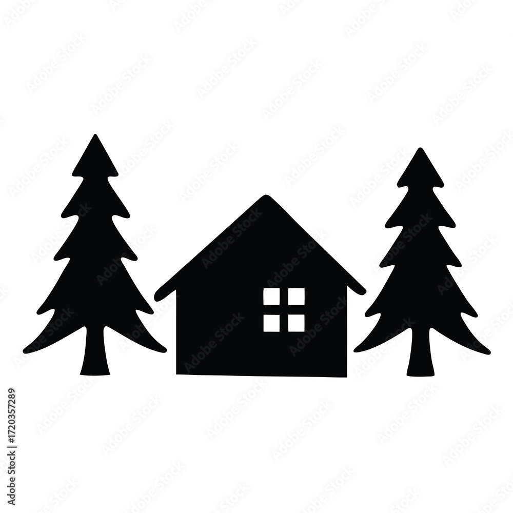 Obraz premium Cabin in the woods vector graphic, simple house illustration with pine trees silhouette design element