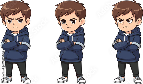 Cartoon character with angry expression and crossed arms, hoodie outfit, vector illustration for animation, emotion, youth, and storytelling themes