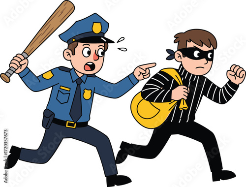 Cartoon police officer chasing burglar, crime scene action, black vector illustration for law enforcement, theft prevention, and security themes