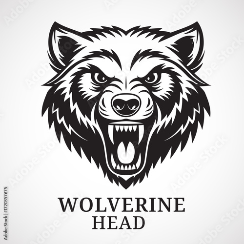Wolverine. Bold aggressive black-and-white vector illustration of a wolverine's head, perfect for branding, mascots, or apparel design. Ideal for sports teams, outdoor games, or wildlife projects.