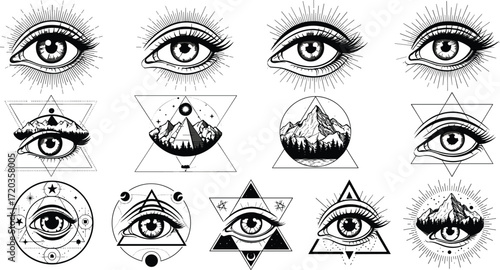 Mystical eye and celestial landscape icons in geometric frames, black vector set for spirituality, surrealism, astrology, and esoteric themes