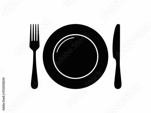 Dining Plate with Fork and Knife Silhouette Icon for Food and Restaurant Design