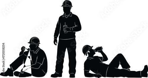 Silhouette construction workers taking a break with bottles and hard hats, black vector illustration for labor, rest, and safety themes