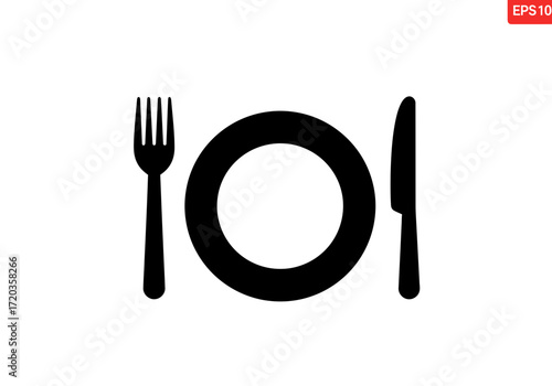 Dining Plate with Fork and Knife Silhouette Icon for Food and Restaurant Design