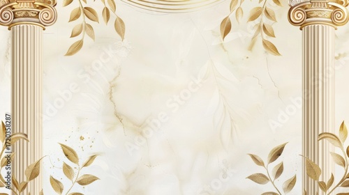Elegant marble texture with golden leaves and classic pillars creates a luxurious backdrop for invitations, branding, or website design projects