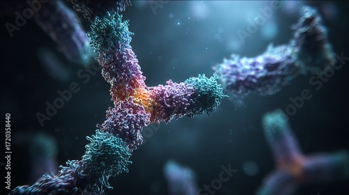 Digital 3D art showcasing a bispecific antibody working. Depicts the antibody's function.
 