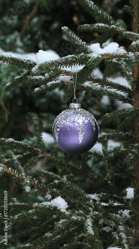 Christmas Ornament Bauble on Snowy Pine Tree Branch with Winter Snowfall. Holiday Decoration. Festive Background. Seasonal Celebration Vertical Video