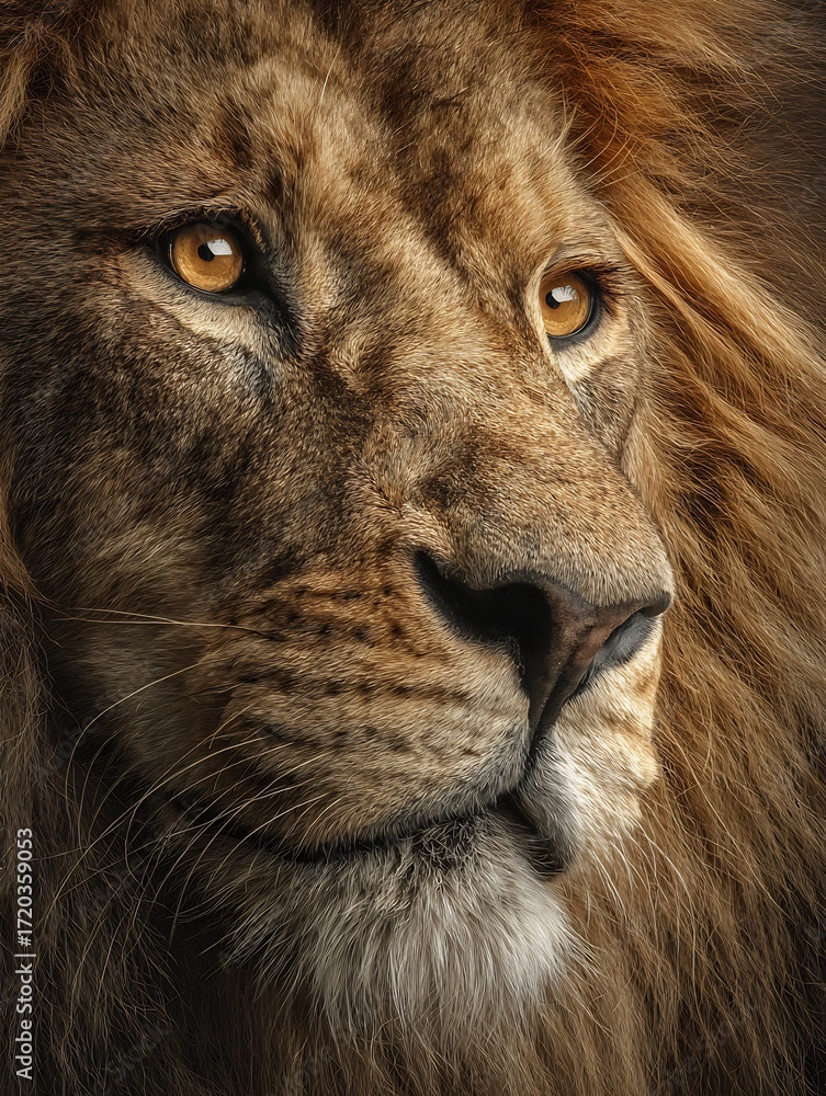 Naklejka premium Hyper realistic close up of lion with golden mane sharp whiskers and piercing amber eyes dramatic wildlife portrait with detailed fur textures
