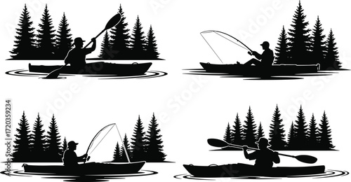 Silhouette kayakers paddling and fishing in forest lake, black vector illustration for outdoor adventure, nature, sport, and lifestyle themes