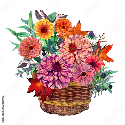 PNG Watercolor floral composition isolated. Botanical Illustration of Zinnia, Hydrangea and Dahlia in bouquet in basket. Template for cards, wedding invitations, decor, covers. Autumn Garden flowers
