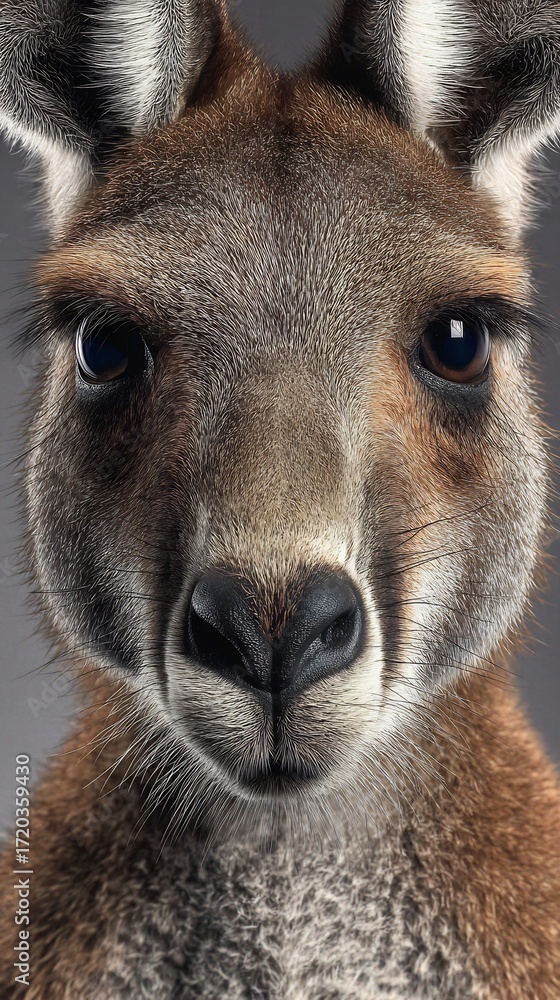 Obraz premium Hyper realistic close up of kangaroo face with soft fur nose details and alert eyes in lifelike clarity