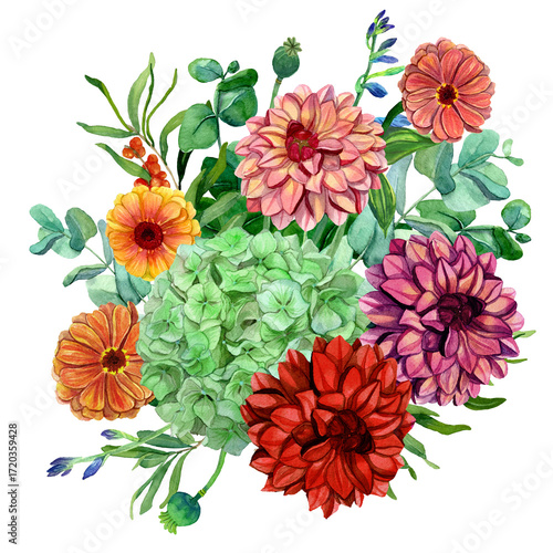 PNG Watercolor floral composition isolated. Botanical Illustration of Zinnia, Hydrangea and Dahlia in bouquet. Template for cards, wedding invitations, celebration decor, covers. Autumn Garden flowers