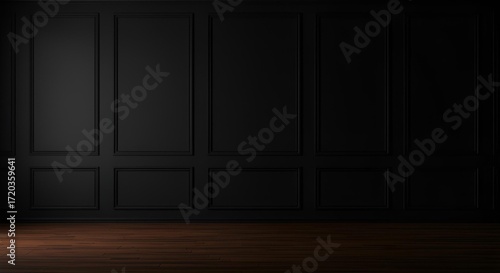 Classic luxury black empty interior with black wall molding panels and wooden floor. Modern dark background. 3d render illustration