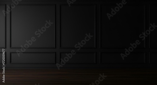 Classic luxury black empty interior with black wall molding panels and wooden floor. Modern dark background. 3d render illustration